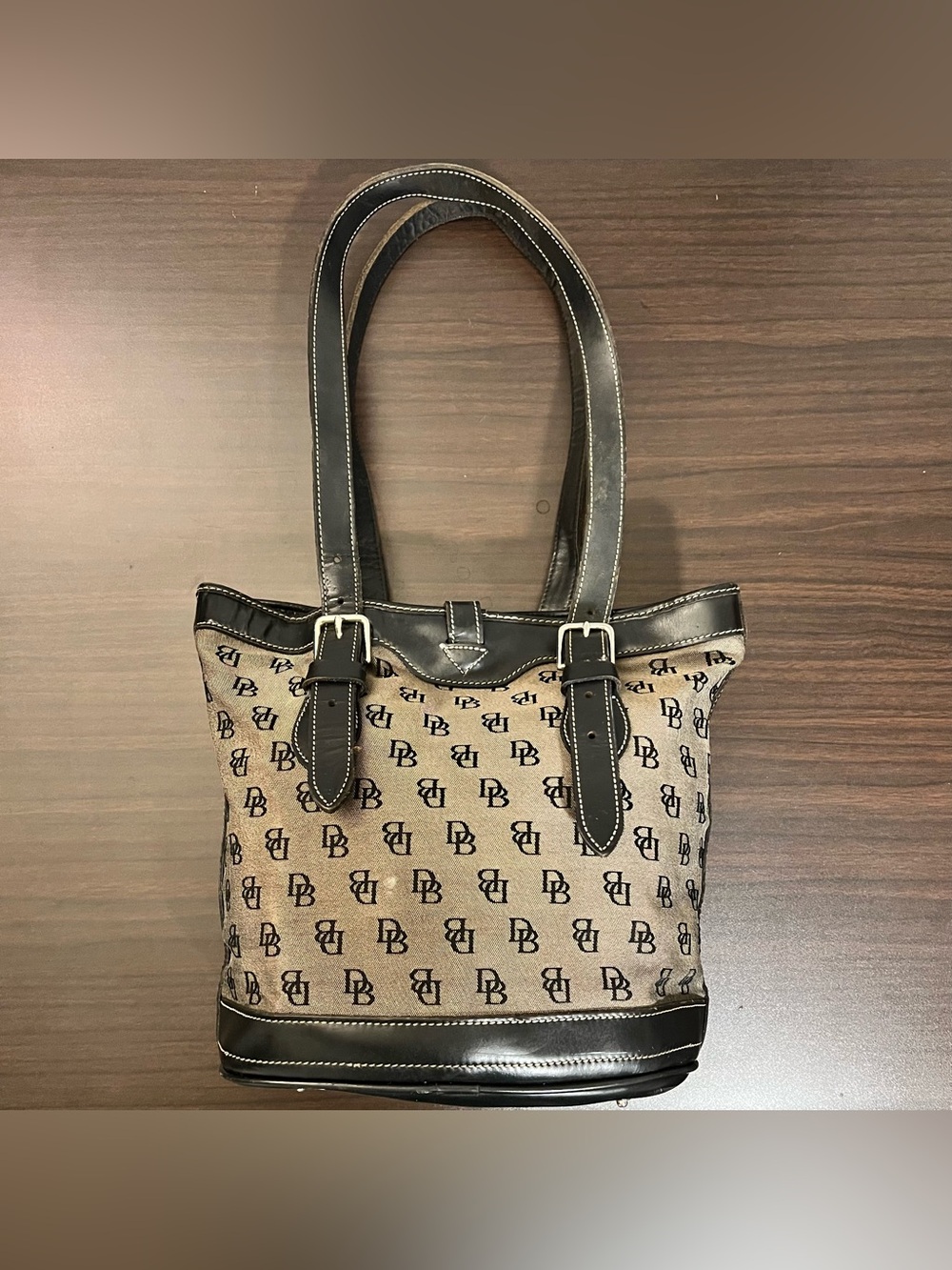 Dooney and Bourke Brown Canvas Bucket Tote Bag with Black Leather Trim
